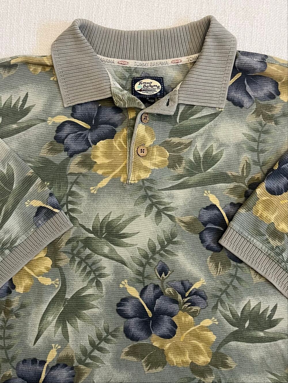 Vtg Tommy Bahama Mens Medium Floral Polo Shirt EUC Green Hibiscus Hawaiian